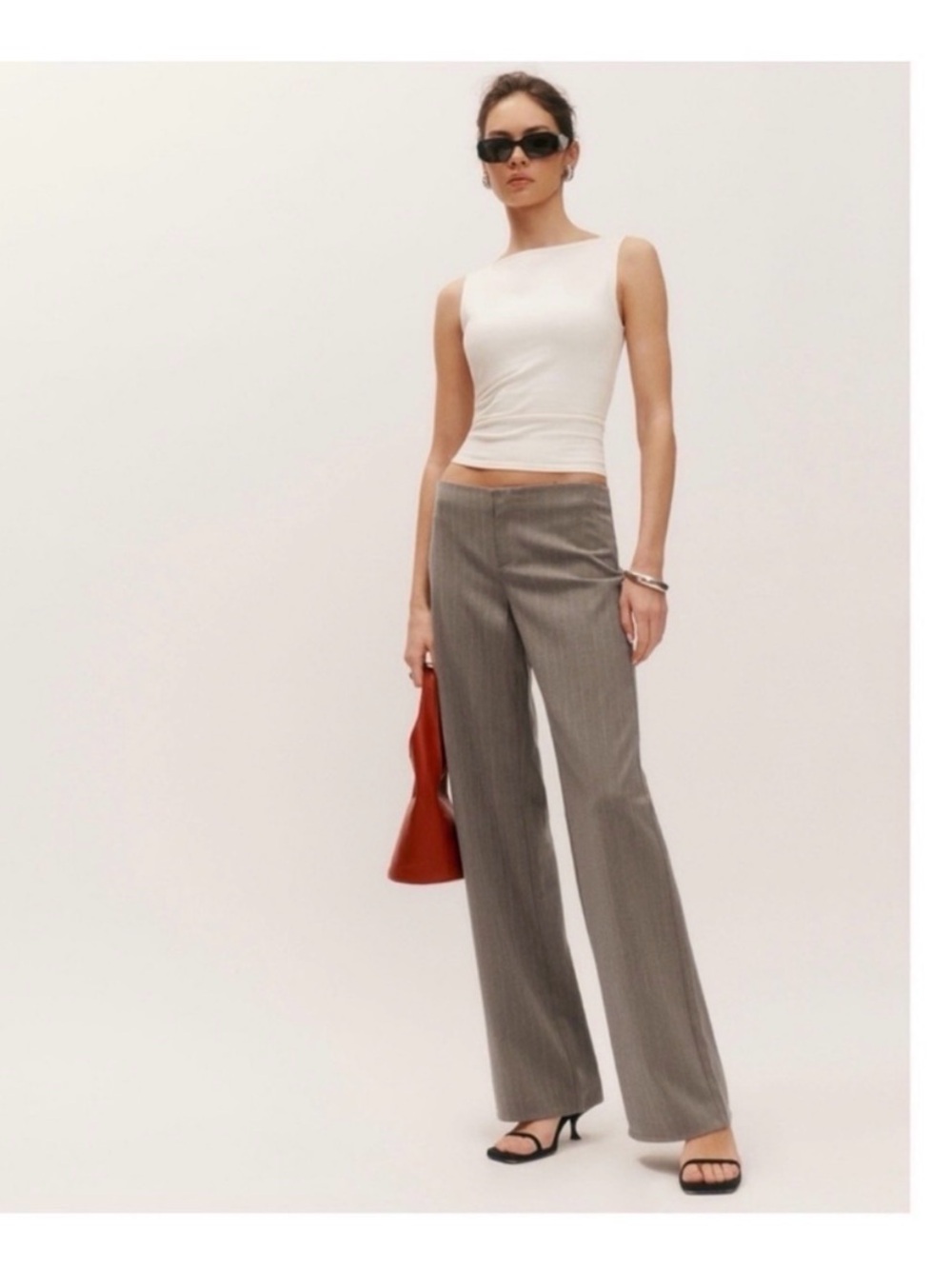 Reformation Taupe Pinstripe Wide-Leg Trousers